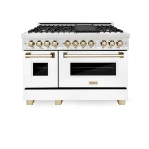 ZLINE Autograph Edition 48" 6.0 cu. ft. Dual Fuel Range in DuraSnow® Stainless Steel with White Matte Door and Gold Accents (RASZ-WM-48-G)