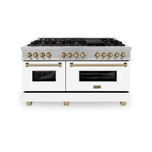 ZLINE Autograph Edition 60" 7.4 cu. ft. Dual Fuel Range with Gas Stove and Electric Oven in DuraSnow® Stainless Steel with White Matte Door and Champagne Bronze Accents (RASZ-WM-60-CB)