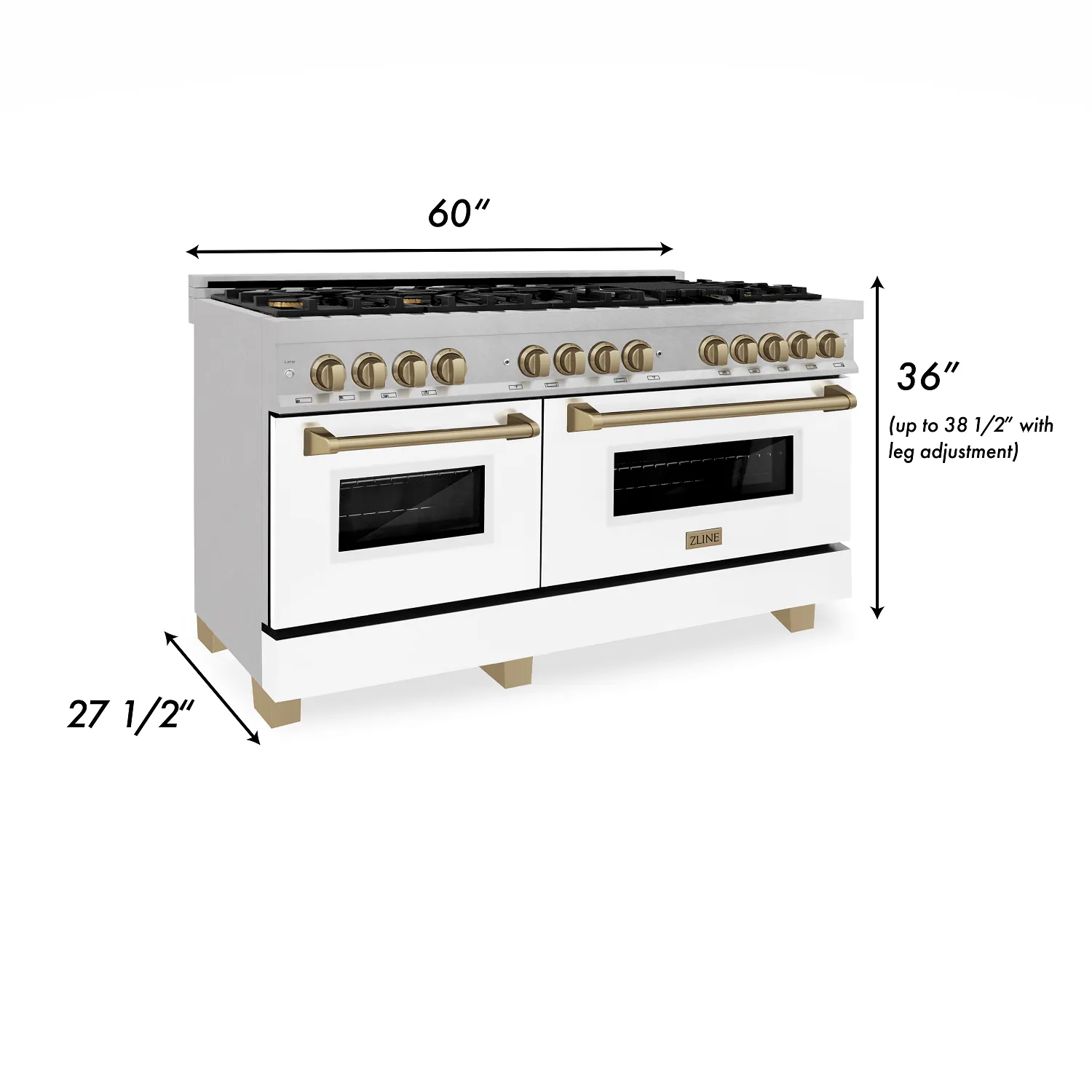 ZLINE Autograph Edition 60" 7.4 cu. ft. Dual Fuel Range with Gas Stove and Electric Oven in DuraSnow® Stainless Steel with White Matte Door and Champagne Bronze Accents (RASZ-WM-60-CB)