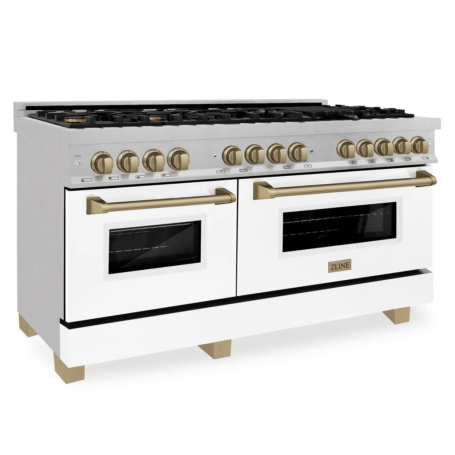 ZLINE Autograph Edition 60" 7.4 cu. ft. Dual Fuel Range with Gas Stove and Electric Oven in DuraSnow® Stainless Steel with White Matte Door and Champagne Bronze Accents (RASZ-WM-60-CB)