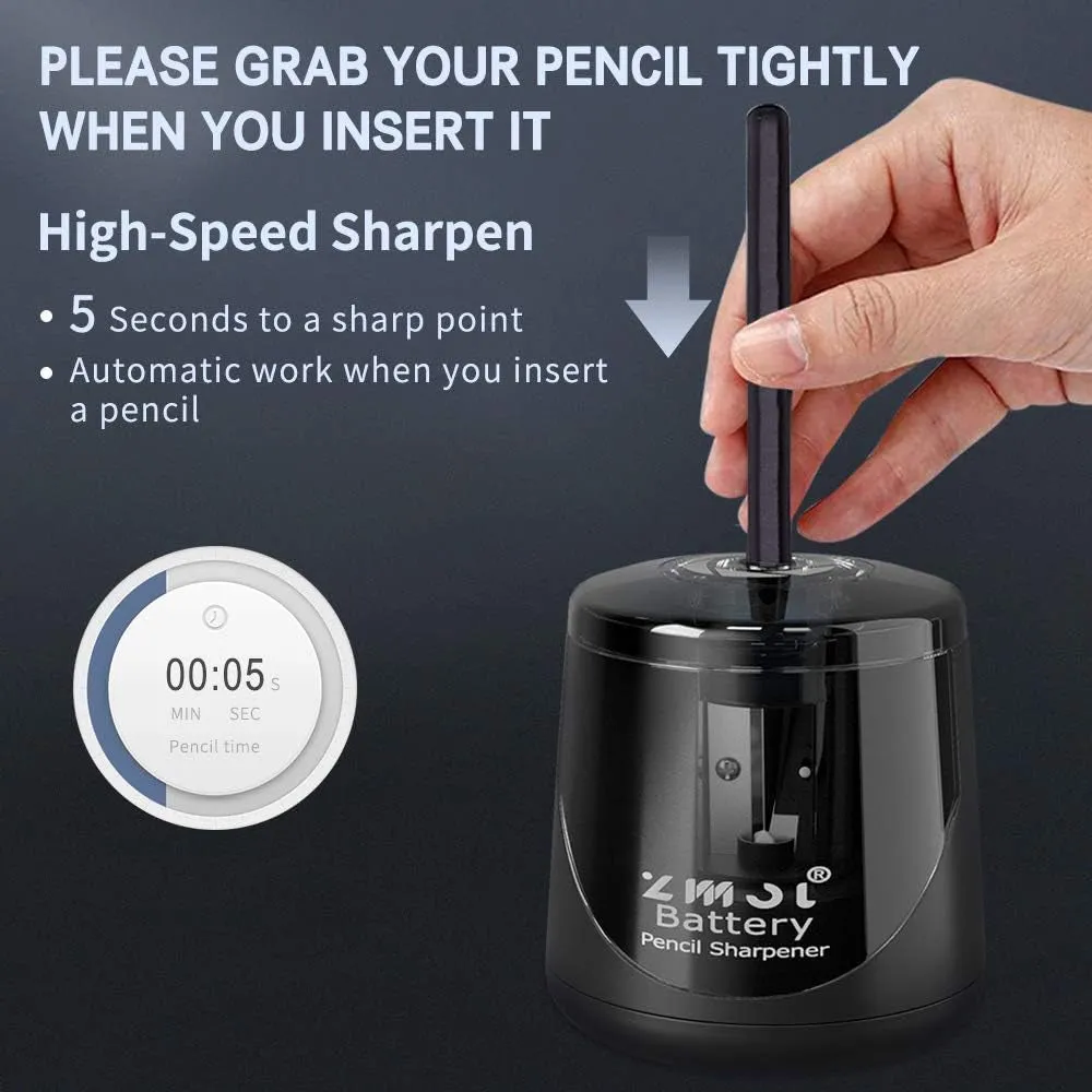 ZMOL Battery Operated Electric Pencil Sharpener, Quick Sharpener Pencil Sharpener, Portable Pencil Sharpener for Kids, for No.2/Color Pencils (6-8Mm), School/Classroom/Office/Home/Black