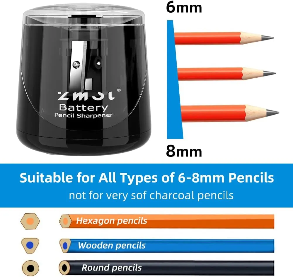 ZMOL Battery Operated Electric Pencil Sharpener, Quick Sharpener Pencil Sharpener, Portable Pencil Sharpener for Kids, for No.2/Color Pencils (6-8Mm), School/Classroom/Office/Home/Black