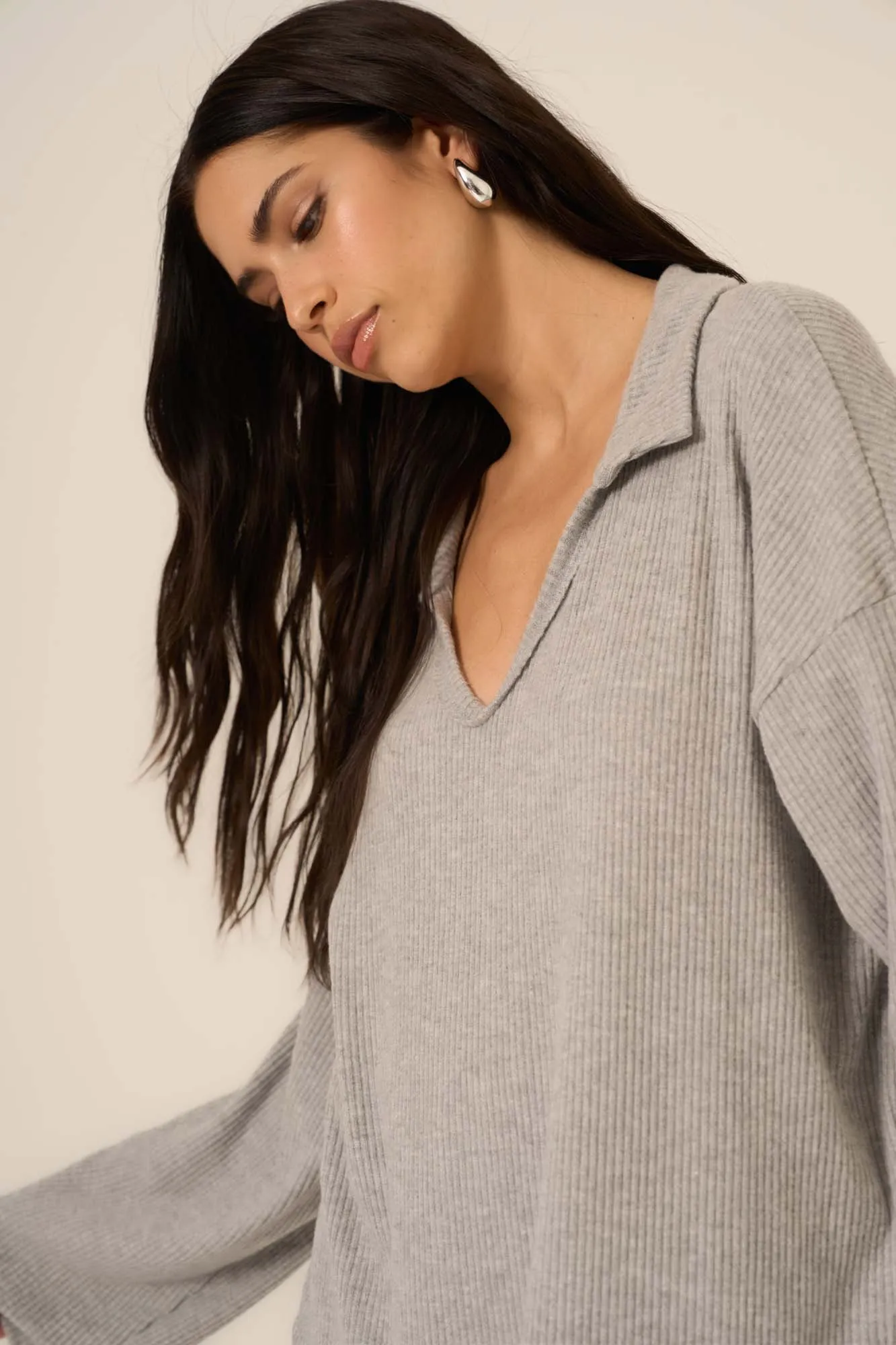 Zoey Brushed Rib Collared Long Sleeve - Heather Grey