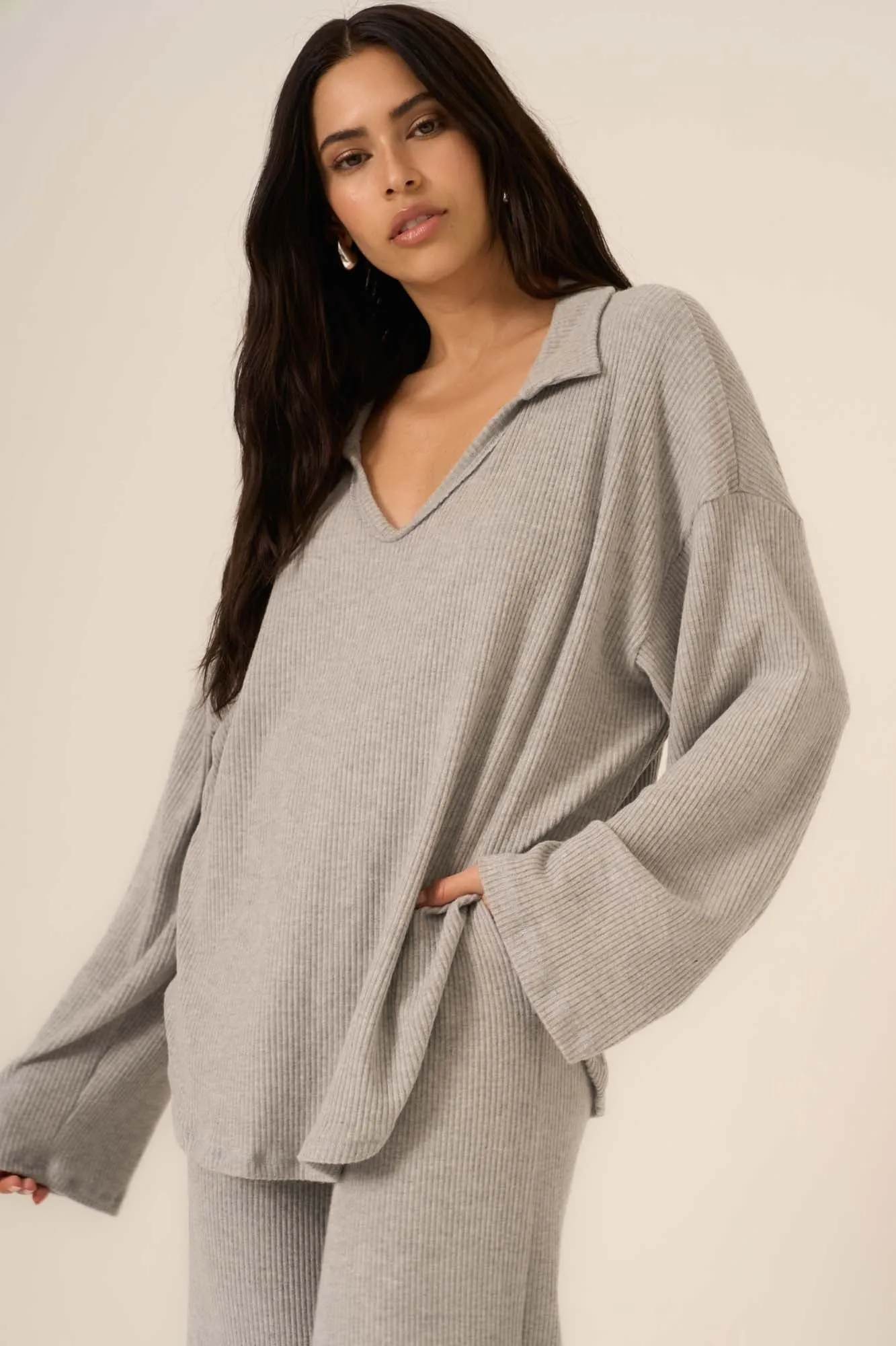 Zoey Brushed Rib Collared Long Sleeve - Heather Grey